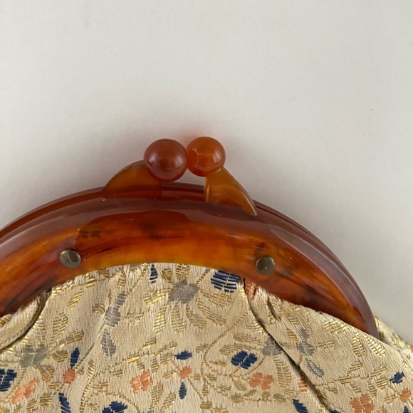 Japanese Kimono Dress Clutch Bag Vtg Green Flowers Tortoise Shell Handle - Picture 2 of 9